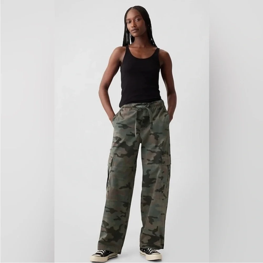 GAP Fine Twill Green Camo Street Wear Baggy Wide Leg Oversized Cargo Pants XL - Picture 1 of 4